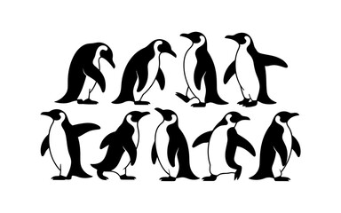 Obraz premium Set of black and white penguin silhouettes in various poses isolated on a white background.
