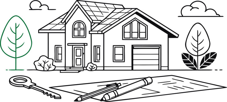 Residential house with garage and green tree, blueprint and key, real estate vector illustration