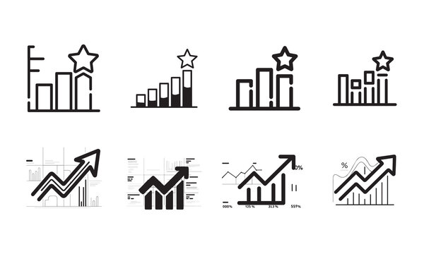 Growth and success icons set with bar charts and upward trending line graphs