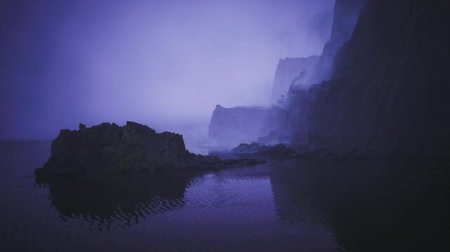 Mystic canyon estuary during blue hour. Layered cliffs receding into haze, still tidal pool mirroring sky, grainy texture, cool cinematic tones, contemplative