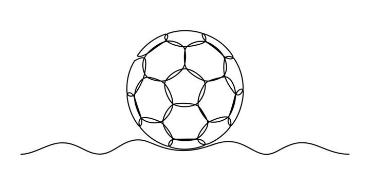 Continuous single line drawing of a soccer ball rolling on a wavy ground surface in a simple minimalist art style for sports design and logos Vector, illustration