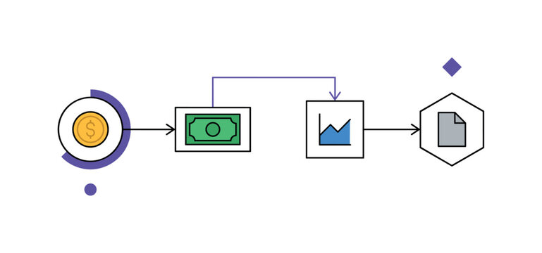 Abstract diagram of accounting process flow with nodes representing income, expenses, analysis, and reporting connected via thin