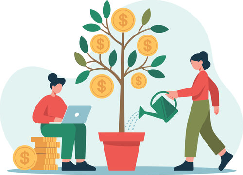 Financial investment and revenue growth concept flat vector illustration with tiny characters watering money tree and working on laptop