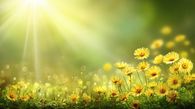 up digital illustration of bright yellow wild daisies in a meadow at sunset. Golden sunlight streams from the top left corner casting warm flares and creating a magical atmosphere. The background 