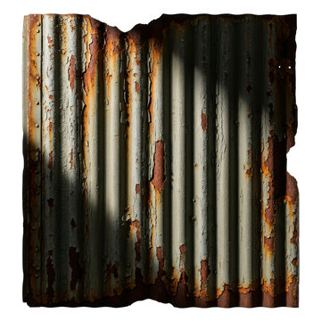 Weathered rusty corrugated metal sheet with peeling paint isolated on transparent