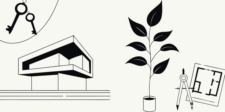 Minimalist modern house design with plant and keys, architectural blueprint and compass tools
