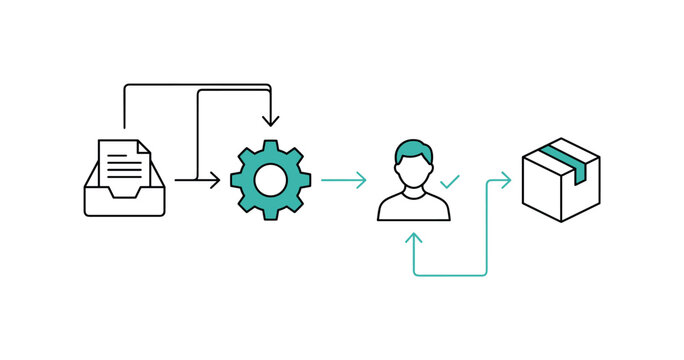 Abstract diagram of business process flow with nodes representing input, processing, approval, and delivery connected via thin