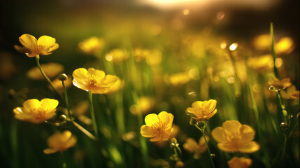 Obraz premium high resolution detailed illustration of a close up view of yellow flowers in a grassy field during the evening. Golden hour lighting creates a glowing effect with gentle lens flares on the 