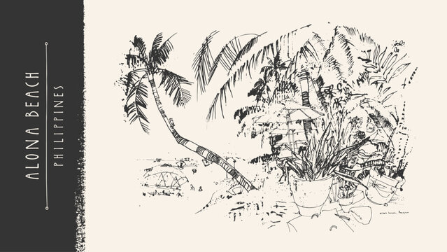 Alona Beach Bohol travel sketch. Panglao, Philippines. Tropic island paradise postcard. Palm tree ocean coast tropical resort scenery poster. Vintage hand-drawn vector brush pen ink summer vacation bg