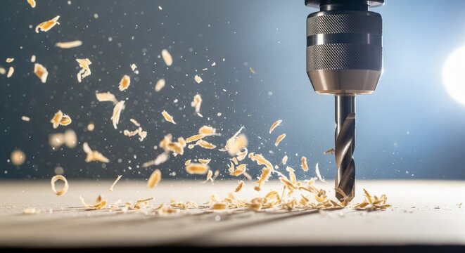 Drill bit cutting wood in manufactory