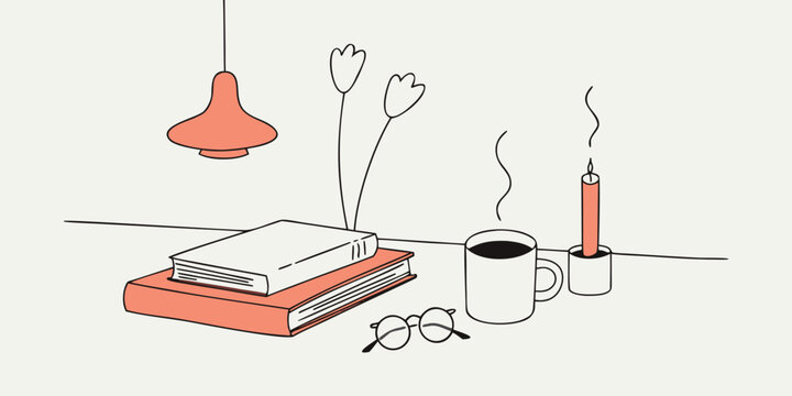 Cozy workspace illustration with lamp stacked books coffee mug eyeglasses and flowers in vase