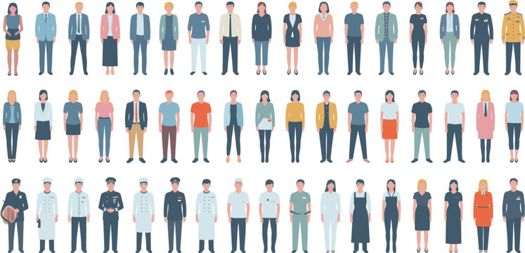 Large set of diverse people avatars with various professional uniforms and casual clothing flat vector illustration character design mega collection