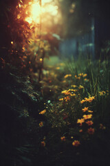 Fototapeta premium digital illustration of a dreamy meadow filled with wild yellow daisies and lush green foliage at sunset. Warm sunlight from above illuminates the scene with a soft glowing atmospheric haze. 