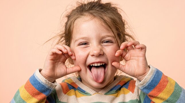 Ultra Photorealistic Portrait of a Playful Little Girl Sticking Her Tongue Out and Making a Funny Face