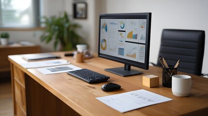 Naklejka premium A clean and organized modern desk setup featuring a computer monitor keyboard and business documents symbolizing professional work and data analysis