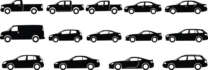 Car and truck side view silhouette icon set featuring pickup sedan van hatchback coupe and station wagon © MDGOLAP