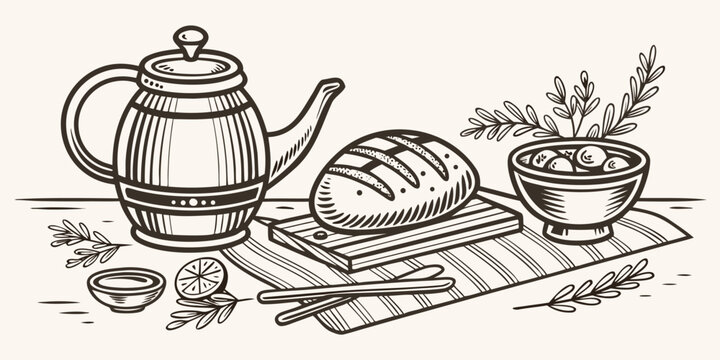 Rustic table setting with traditional food items, including teapot, bread, and olives, line art illustration