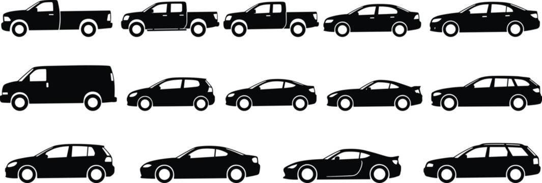 Car and truck side view silhouette icon set featuring pickup sedan van hatchback coupe and station wagon