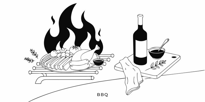Outdoor barbecue scene with grilling food and wine bottle