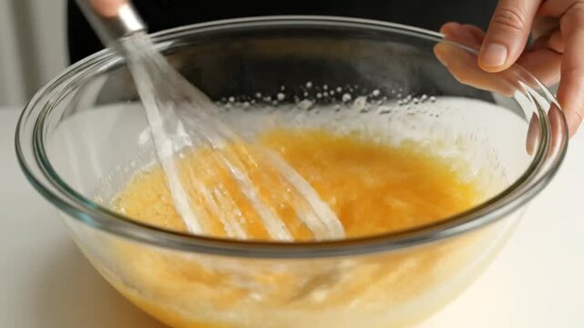 Mixing eggs in a glass bowl close up preparation culinary concept