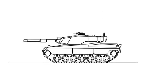 Black outline side view of a heavy military battle tank illustration showing armor and a long turret cannon for war and defense concepts Vector, illustration © Continues One Line D