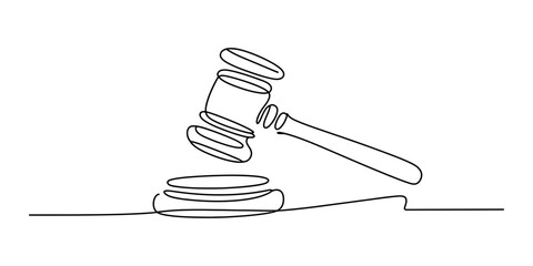 Continuous single line drawing of a wooden judge gavel hitting a sound block for court room law concept and justice symbol in minimal art style Vector, illustration © Continues One Line D