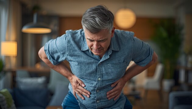 Middle Aged Man Experiencing Bloating After Fast Food Meal