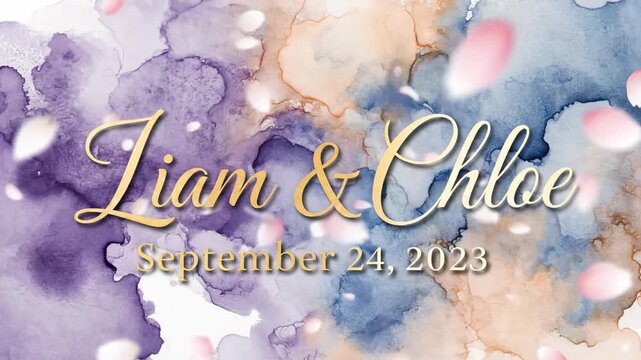 Exquisite watercolor wash art features a sentimental floral motif with the names Liam and Chloe elegantly inscribed above the September 24, 2023 date, creating a beautiful, ethereal aesthetic
