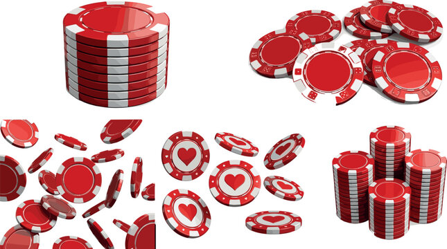 Set of Red Poker Chip Illustrations Featuring Stacks, Scattered Chips, and Heart Symbols for Casino, Gambling, Games, Betting, and Card Game Designs