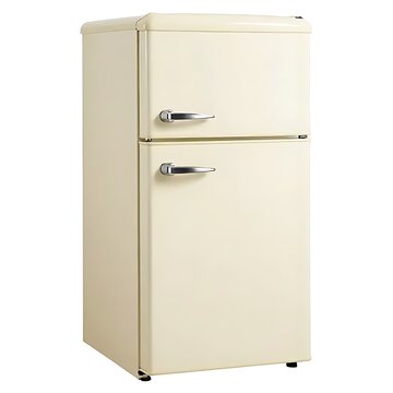 Retro beige refrigerator with freezer isolated on white background home appliance.