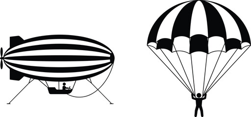 Black silhouette airship and parachute vector illustration isolated design for aviation transport adventure and travel concepts © MDGOLAP