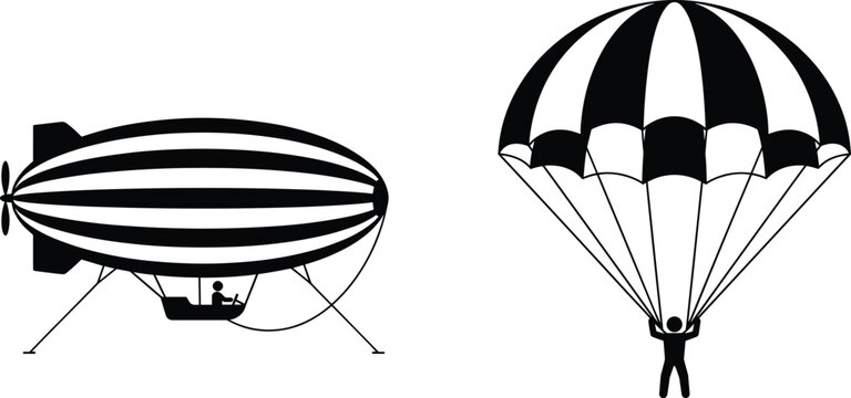 Black silhouette airship and parachute vector illustration isolated design for aviation transport adventure and travel concepts