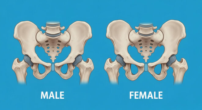 Male and female human pelvis anatomy comparison on blue background