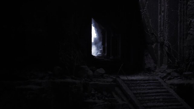 Vaulted stair toward distant light pocket, heavy stone ribs and shadowed niches, collapsing mortar and scattered grit, mood of ancient echo and wonder