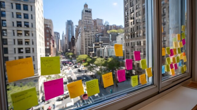 An inspiring view of a metropolitan cityscape seen through a window in a high rise office building