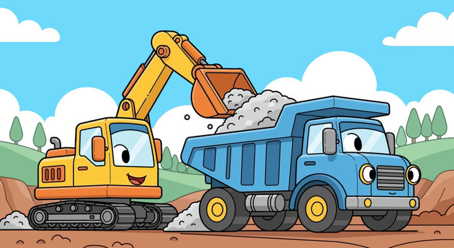 Cartoon excavator and dump truck vehicles.