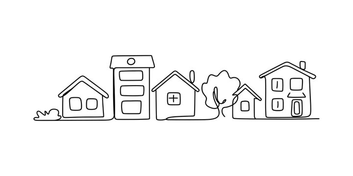 Continuous single line drawing of a small village street with houses and a tree in a simple minimalist style for real estate or home concept Vector, illustration
