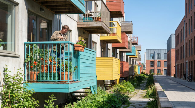 Affordable row housing development under harsh midday sun, brightly painted reclaimed-wood balconies stagger down a long facade, a single re