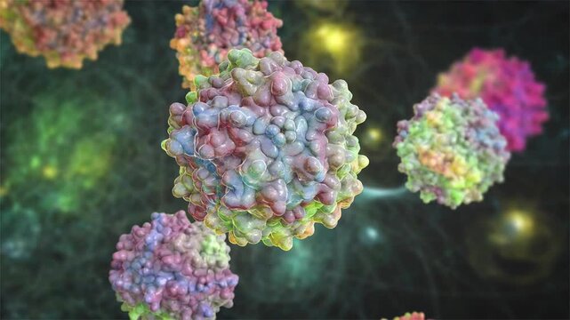 Adeno-associated virus particles slowly rotating and drifting in fluid, detailed capsid structure visualised, molecular virology concept, 3D animation.
