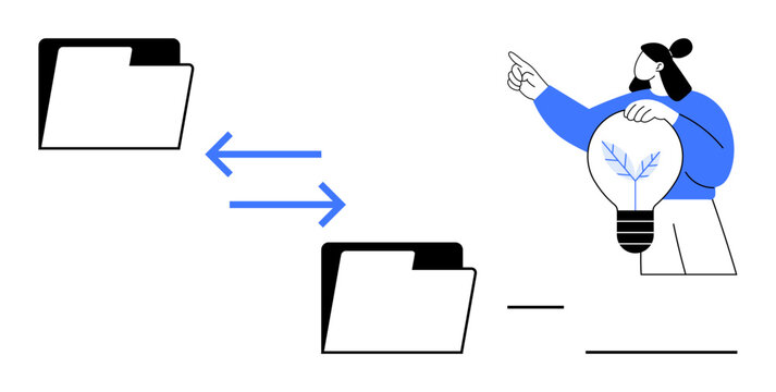 Data exchange, teamwork, idea sharing, innovation, document storage, collaboration. A person holding a lightbulb points towards file folders connected by bidirectional arrows. Data exchange