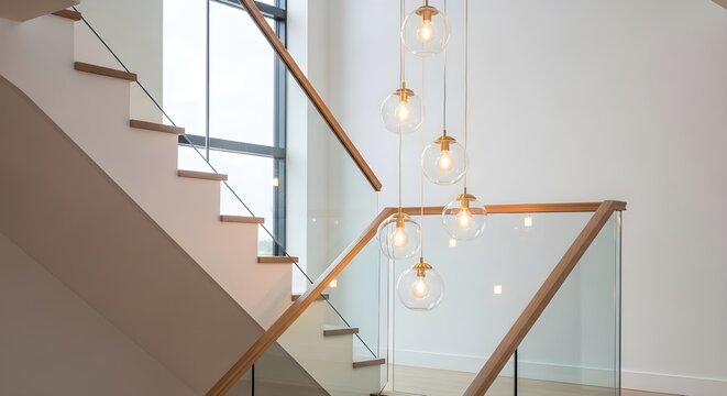 Modern elegant staircase with glass railing and decorative pendant lights in a contemporary home interior