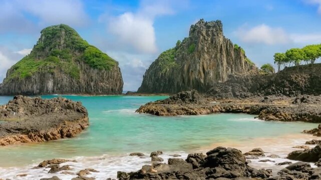 Fernando de Noronha in Brazil. Morro Dois Irmaos and Baia dos Porcos.