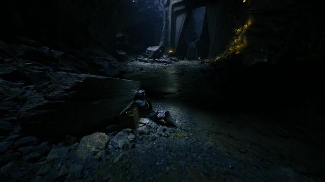 Rocky cavern floor under pale ceiling light, scattered debris and wet stones, distant warm beacons hinting at hidden corridor, immersive exploration tone