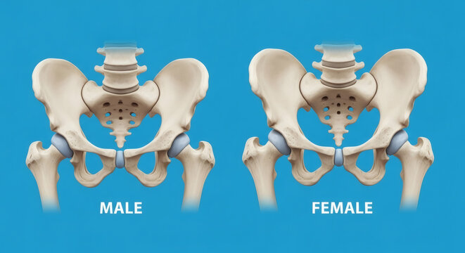 Comparison of male and female human pelvis anatomy illustration