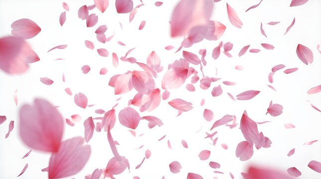 Delicate pink flower petals in motion, softly descending and swirling against a bright, clean backdrop, capturing the ephemeral beauty of spring bloom