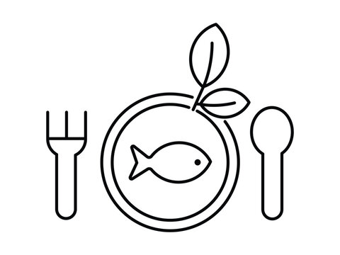 Eco Food Icon. Fish dinner plate with fork spoon and botanical garnish minimalist culinary illustration.