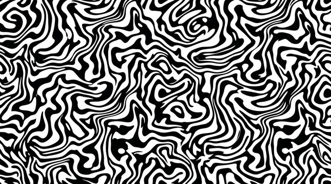 Abstract black and white liquid marble seamless pattern, trippy psychedelic wavy lines texture vector background