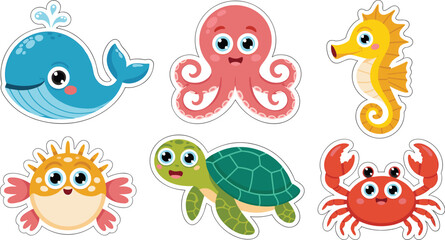 Fototapeta premium Cute Cartoon Sea Animal Sticker Set with Whale Octopus Seahorse Pufferfish Sea Turtle and Crab Characters for Kids Ocean Nursery Designs