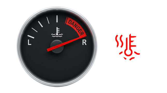 Car engine temperature gauge showing overheating in the danger zone with a red warning light icon.