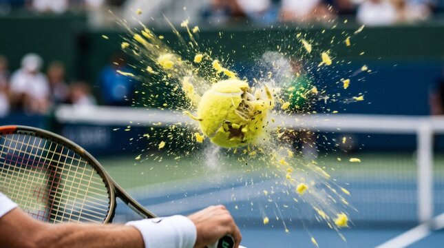 Abstract surreal artwork of exploding tennis ball symbolizing teamwork, unity, and competitive spirit